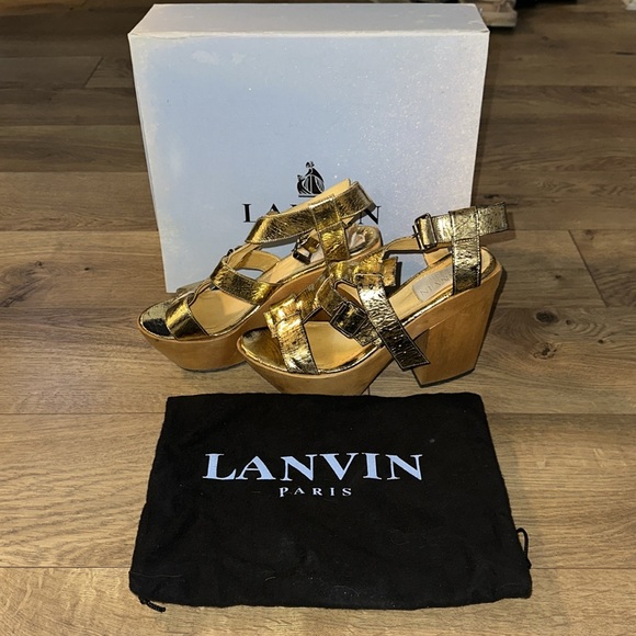Lanvin Shoes - Lanvin Platform Heels Multi Strap Gold Craque Leather